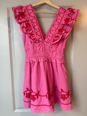 Pink Embroidered V-Neck Ruffle Sundress